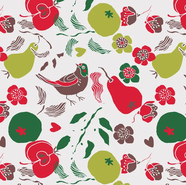 Ilustración de frutas, flores, pájaros — Vector de stock