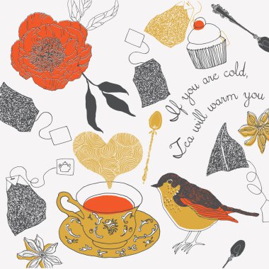 Illustration of teacups, birds, tea bags clipart