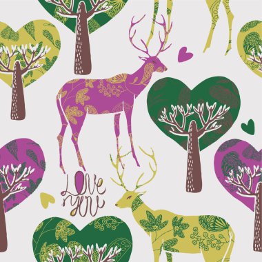 Illustration of deer, heart shaped trees clipart