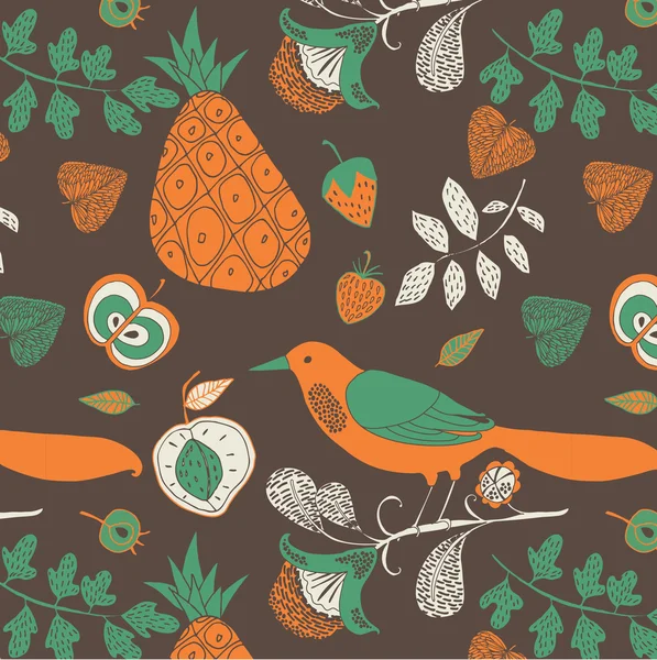 Ilustração de frutas, galhos, pássaros — Vetor de Stock