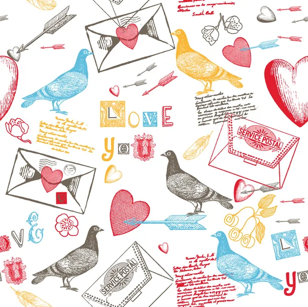 Pigeons colorés et motif de lettres — Image vectorielle