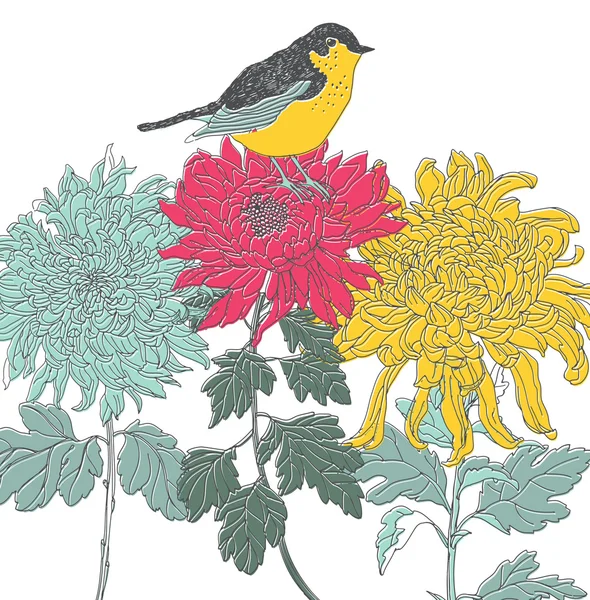 Fågel på färgglada blommor — Stock vektor