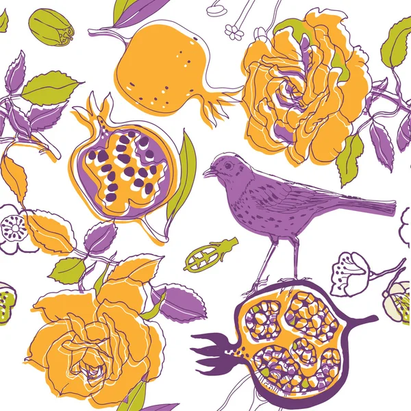 Çiçek, kuş ve meyve deseni — Stok Vektör