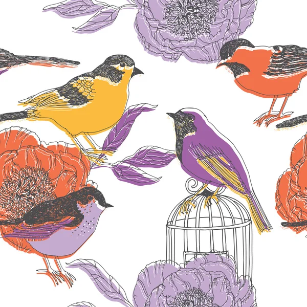 Kleurrijke vogels, bloemen en kooi patroon — Stockvector