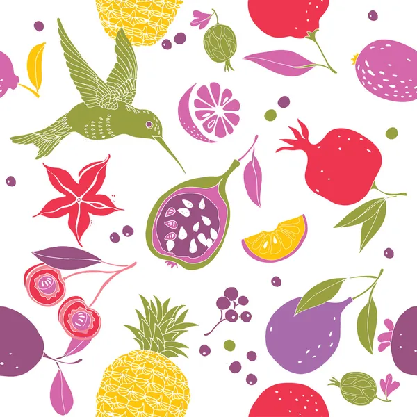 Hummingbird e vários padrões de frutas —  Vetores de Stock