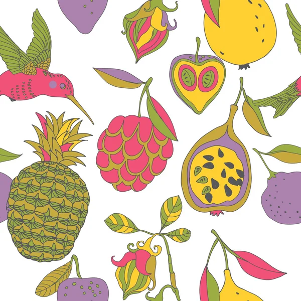 Colibrí y patrón de frutas coloridas — Vector de stock