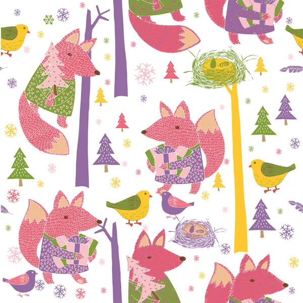 Kleurrijke vossen, vogels en bomen patroon — Stockvector