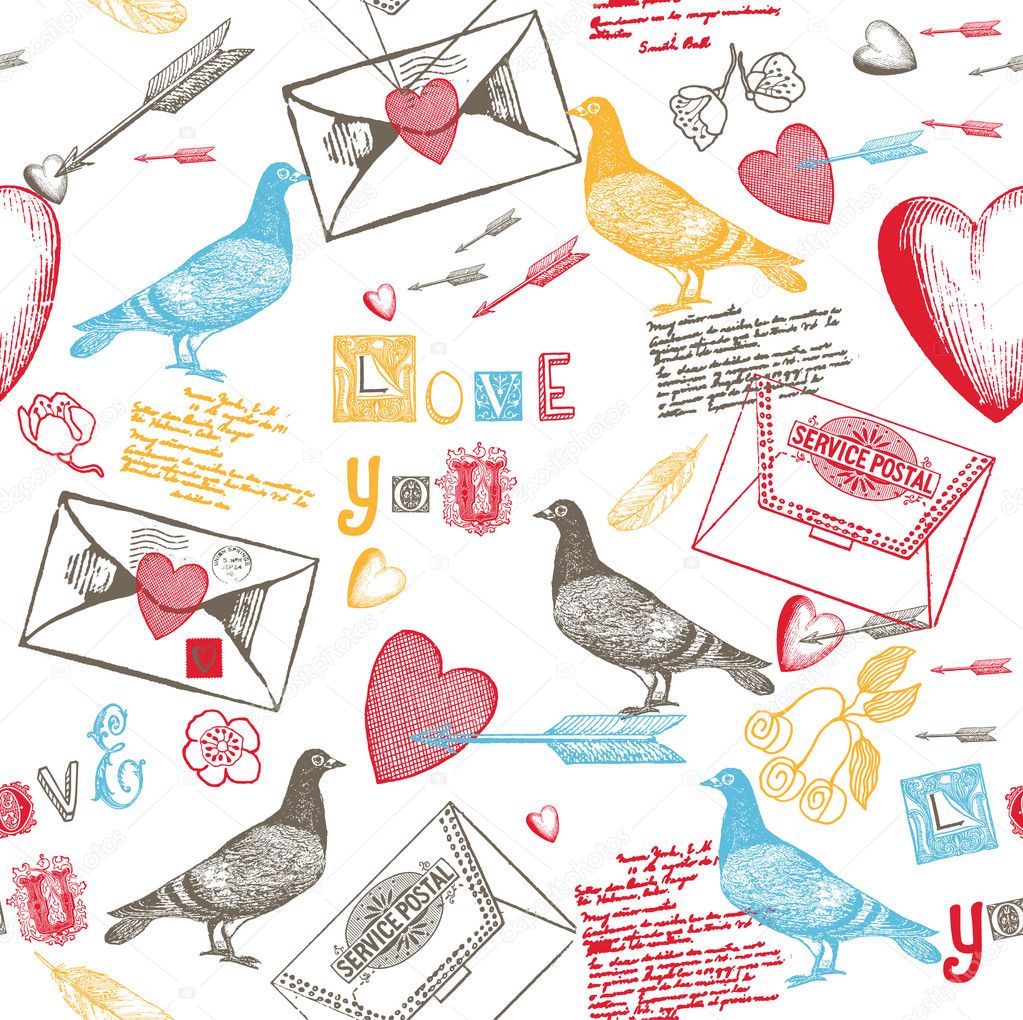Colorful pigeons and letters pattern