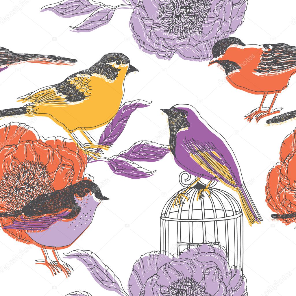 Colorful birds, flowers and cage pattern