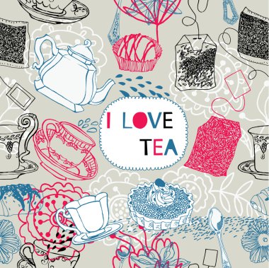 Tea bags, cups and kettles pattern clipart