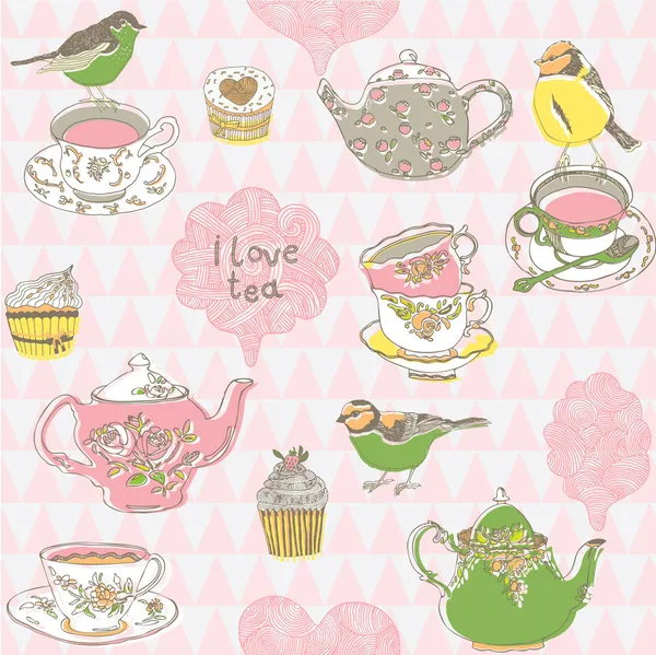 Cups, birds and kettles pattern — Stock Vector