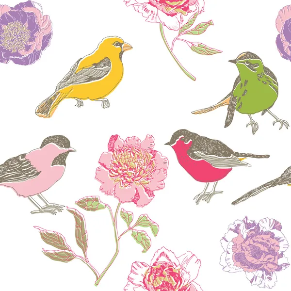 Barevný vzor ptáků a květin — Stockový vektor