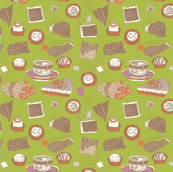 Patrón de pasteles, tazas y bolsas de té — Archivo Imágenes Vectoriales
