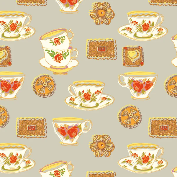 Tazas de té y galletas patrón — Vector de stock