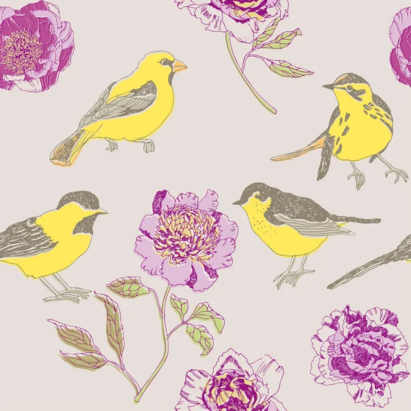 Pivoine jardin avec des oiseaux mignons — Image vectorielle