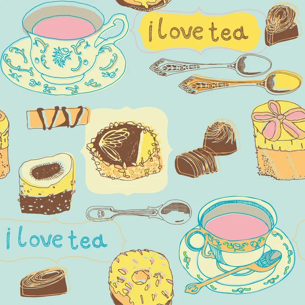Tea cups, spoons and cookies — Stock Vector