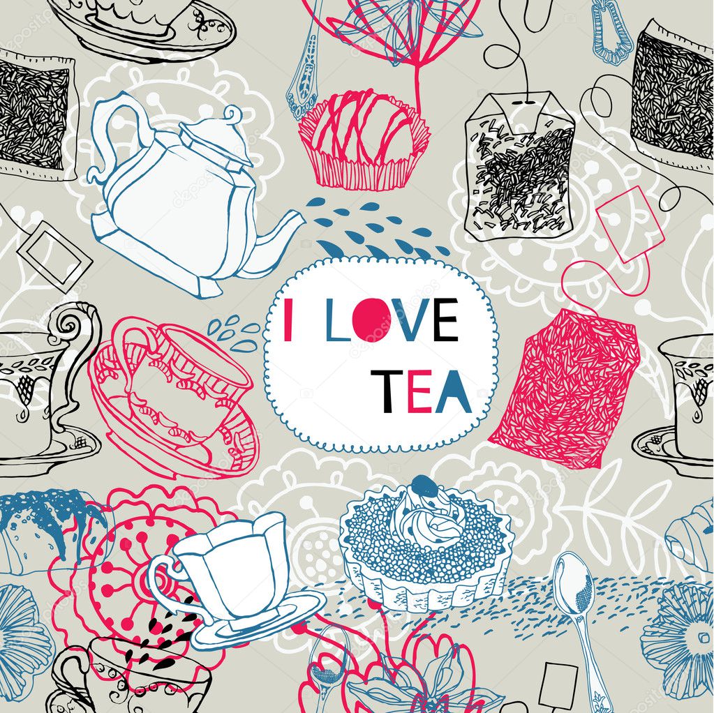 Tea bags, cups and kettles pattern