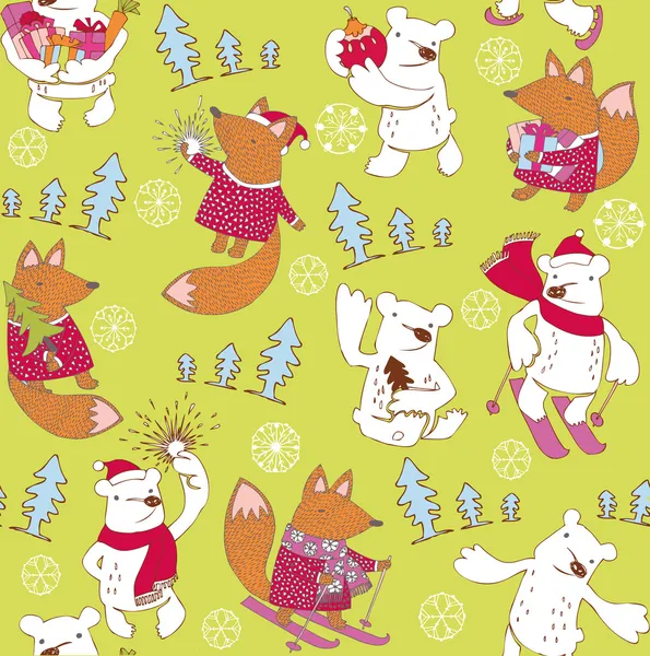 Ours polaire et renard avec motif cadeaux — Image vectorielle