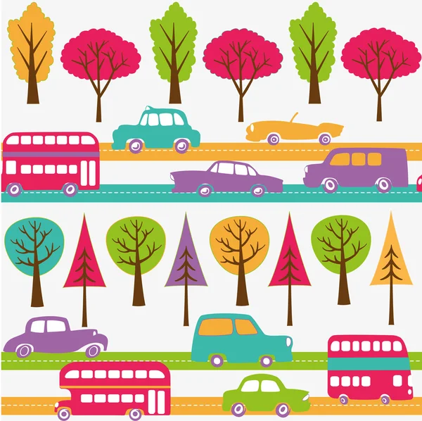 Carreteras con coches de colores — Vector de stock