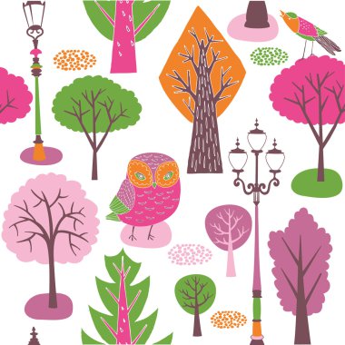 Owl and various colorful trees clipart