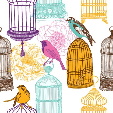 Colorful birds and various cages clipart