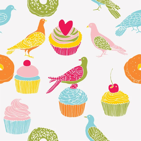 Pigeons, divers rouleaux et des gâteaux colorés imprimer — Image vectorielle