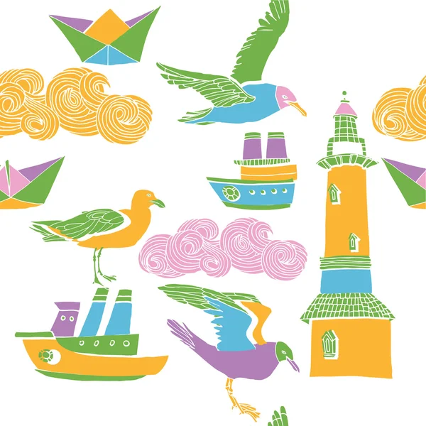 灯台、船およびカモメ — ストックベクタ