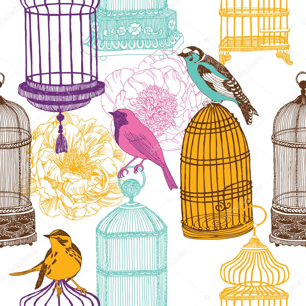 Colorful birds and various cages