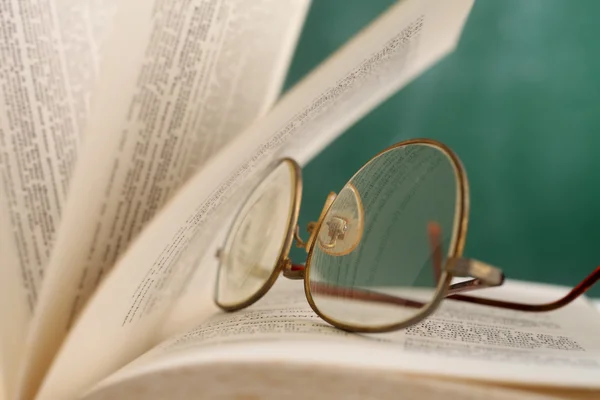 Apra la pagina a occhiali che si riposano sul libro — Foto Stock