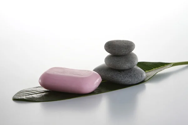 Composition of leaf, soap and pebbles — Stock Photo, Image