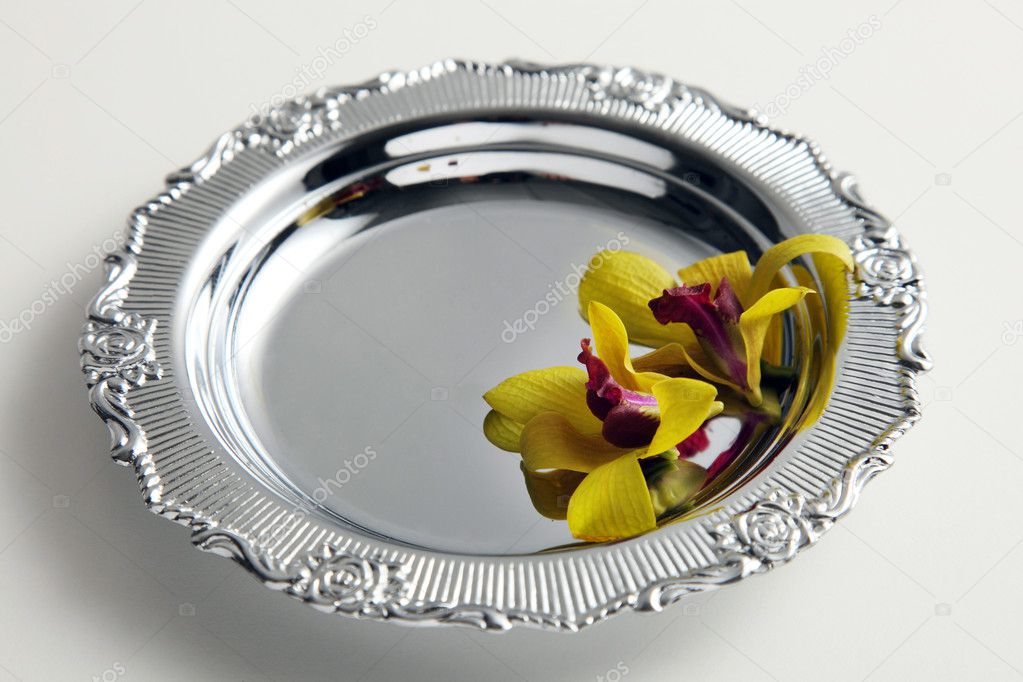 Two orchid flower on the silver tray