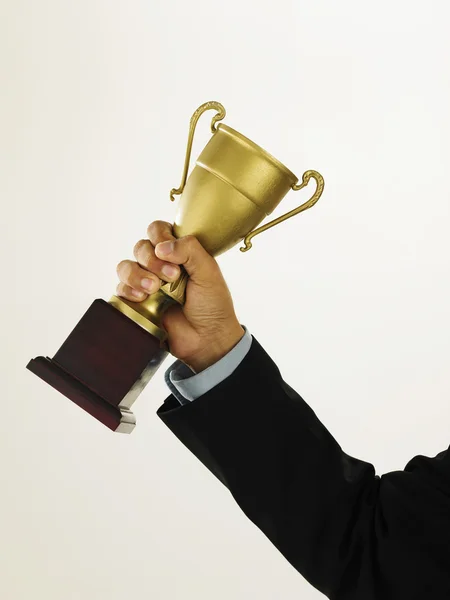stock image A winner with suit holding a throphy