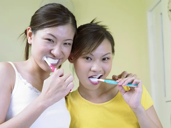 Zwei Damen beim Zähneputzen — Stockfoto