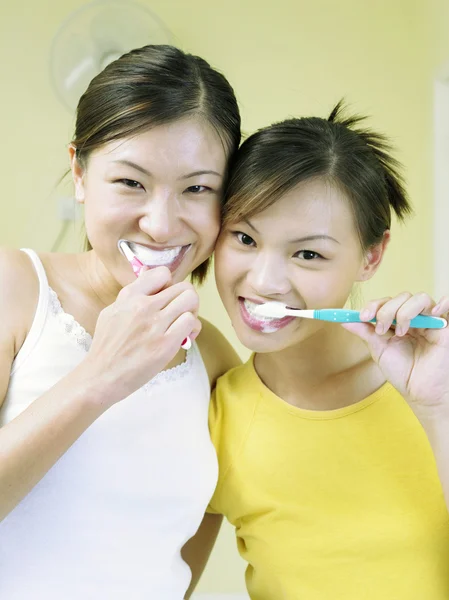 Two ladies brushing teeth together — Stock Photo, Image