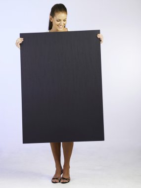 Woman holding big size card clipart