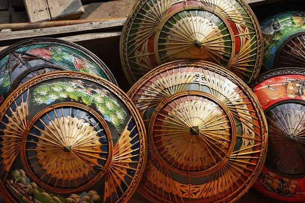 Thailand, Bangkok, Floating Market, Thai hats for sale on a boat