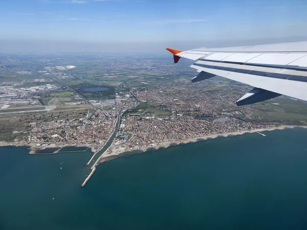 stock image Italy, Lazio, aerial view of the Thyrrhenian coastline and Fiumicino town (Tevere river on the left)