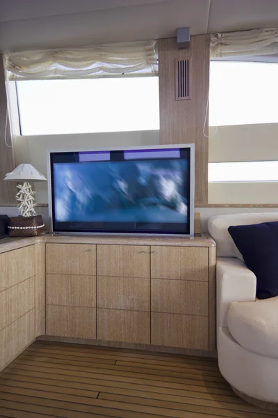 stock image Italy, Sardinia, 35 meters luxury yacht, dinette, tv