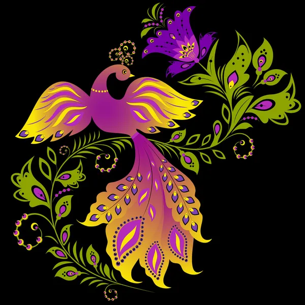 Colorido pájaro y planta abstracta sobre fondo negro — Vector de stock
