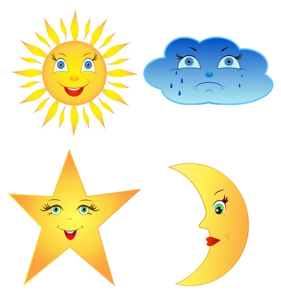 Komik güneş, ay, bulut ve yıldız — Stok Vektör