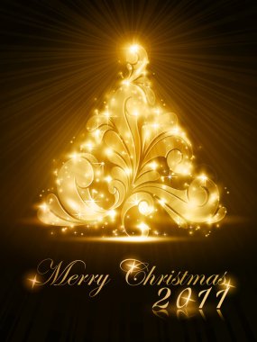 Christmas tree 2011 card with golden glow and sparkles clipart