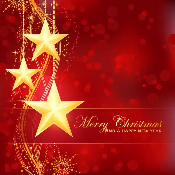 Golden Joyeux Noël étoiles sur fond bokeh rouge — Image vectorielle