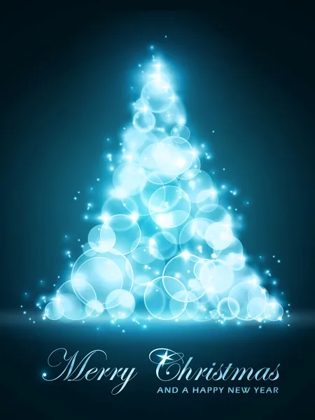 Árvore de Natal azul brilhante feita de pontos de luz fora do foco — Vetor de Stock