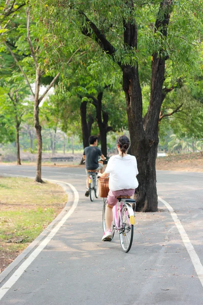stock image Walk in the park where a woman riding a bicycle