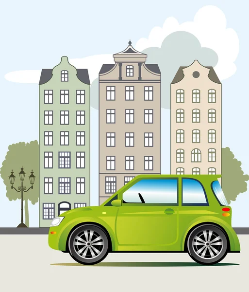 Green car in the city — Stock Vector