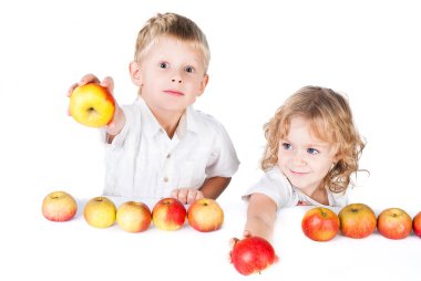 Two kids offer apples isolated on white background clipart