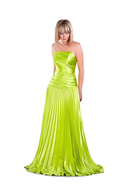 Csinos, fiatal nő visel, zöld ruha jelentő elszigetelt fehér — Stock Fotó