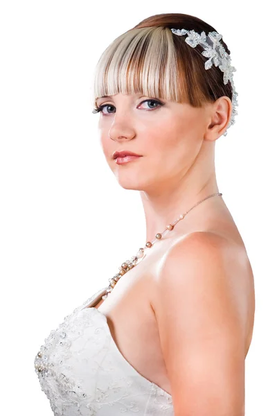 Porträt der Braut im Brautkleid auf weißem Backgr — Stockfoto