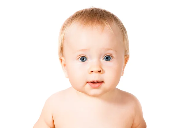 Surpreendido bebê infantil bonito isolado no fundo branco — Fotografia de Stock