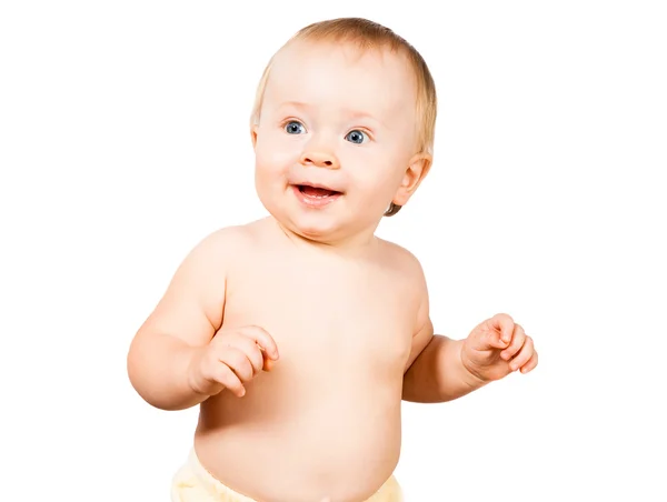 Aranyos izgatott csecsemő baba elszigetelt fehér background — Stock Fotó